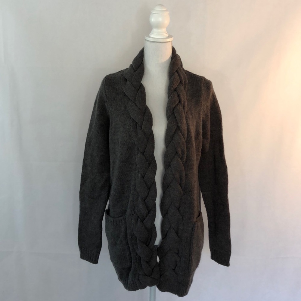 Dark Gray Braided Open Cardigan with Pockets